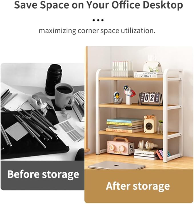Office Desk Shelf Organizer, Wood Desktop Bookshelf Supplies Storage Rack, Shelf for Top of Desk and Dresser and Cubicle Decor Aesthetic Bookshelf (White Wood-Two Tier)