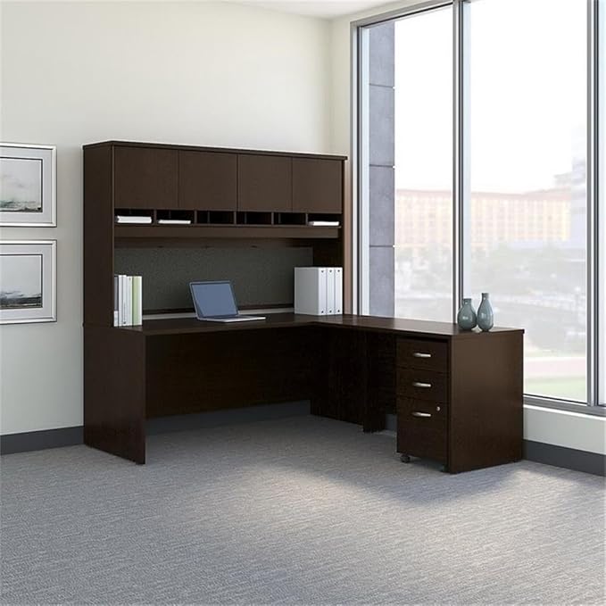 Scranton & Co 72" Transitional Wood L Shaped Desk with Hutch, Mocha Cherry Finish, Thermally Fused Laminate, Mobile File Cabinet, 6 Cubby Shelves, Tack Board, Office Workstation Storage for Home or