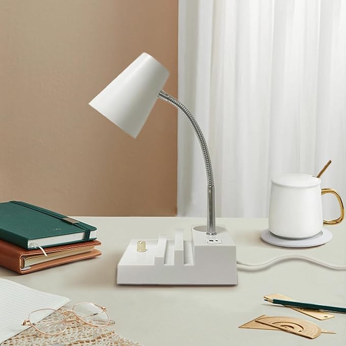 LALISU Study Desk Lamp with USB Charging and Type-C Night Light, Gooseneck LED Table Lamp Stepless Dimming Study Table Lamp with Pen Holder for College Dorm Bedroom and Office (White)