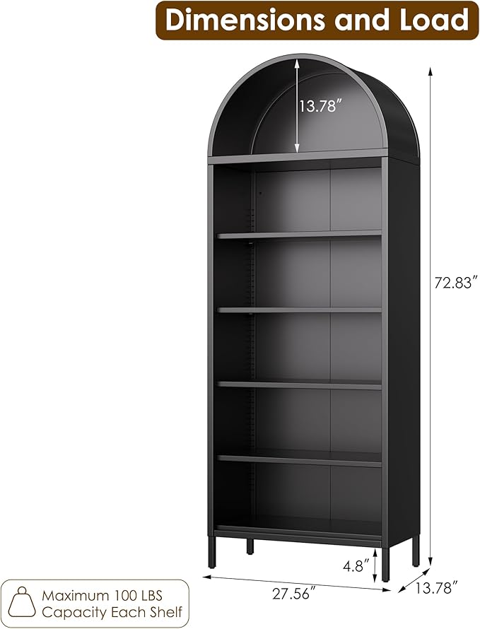 VEXPOR 73" Tall Arched Bookcase Cabinet, 6-Tiers Metal Black Arched Bookshelf for Home Office, Living Room, Assembly Required,13.78" D x 27.56" W x 72.83" H
