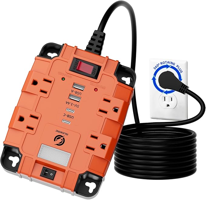 Magnetic Power Strip with Surge Protector, 6FT Power Cord with 360° Rotating Flat Plug, 4 AC Outlets & 4 USB Ports, Dual Magnets & 4 Mounting Holes for Workshop, Home and Office, ETL Listed, Orange