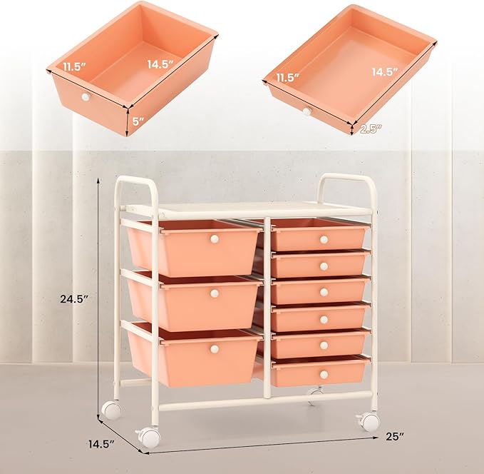 Moccha 9-Drawer Rolling Storage Cart - Under Desk Storage Drawers with wheels for Craft Art Supply Paper Salon, Scrapbook Paper Tools, Mobile Utility Cart for Classroom, Peach