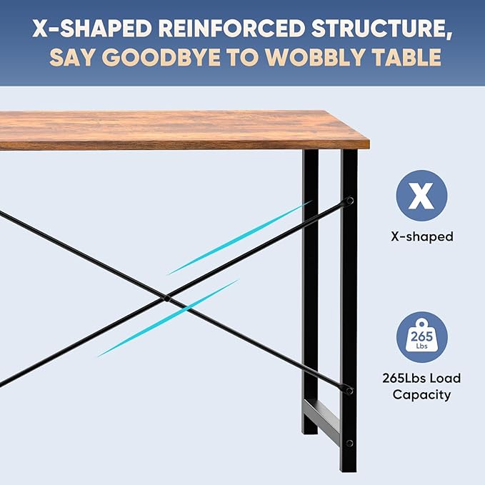 DUMOS 47 Inch Computer Desk for Home Office, Modern Writing Study Table Simple Modern Style for Bedroom Small Space, Large Work Desks with X-Shaped Reinforcement, Wood Brown
