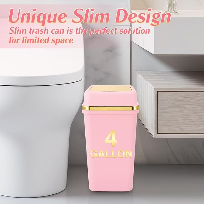 Bathroom Trash Can with Lid 4 Gallon Pink Trash Can Bedroom Trash Can Small Garbage Can with 300 Counts Trash Bags for Small Bathroom Bedroom Office