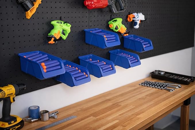 WallPeg Nerf Organizer Accessories – Pegboard Bins and Jumbo Peg Hooks Set – 6 Large Cobalt Blue Storage Bins & 20 Jumbo Peg Hooks – Nerf Storage System for Blasters, & Darts – Made in USA