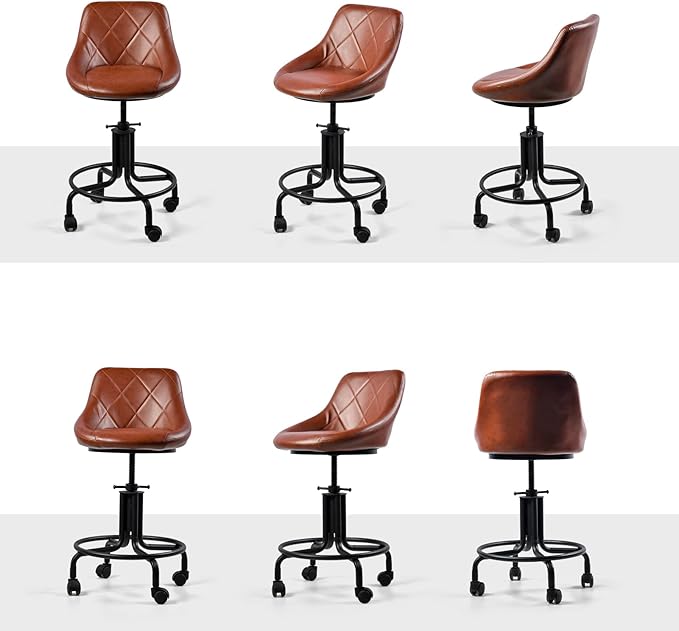 Industrial Office Chair with Backrest on Wheels Vintage Rolling Shop Stools with Wheels for Garage Swivel PU Seat Drafting Stool for Workbench 19.7-23.6inch Height Adjustable Bar Stool