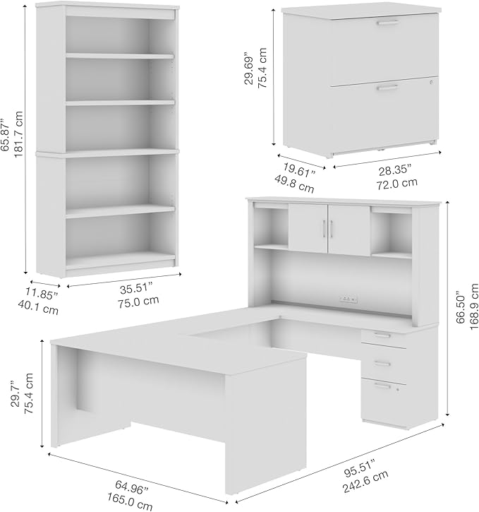 Bestar Logan 66W U-Shaped Desk with Hutch, Lateral File Cabinet, and Bookcase in Antigua