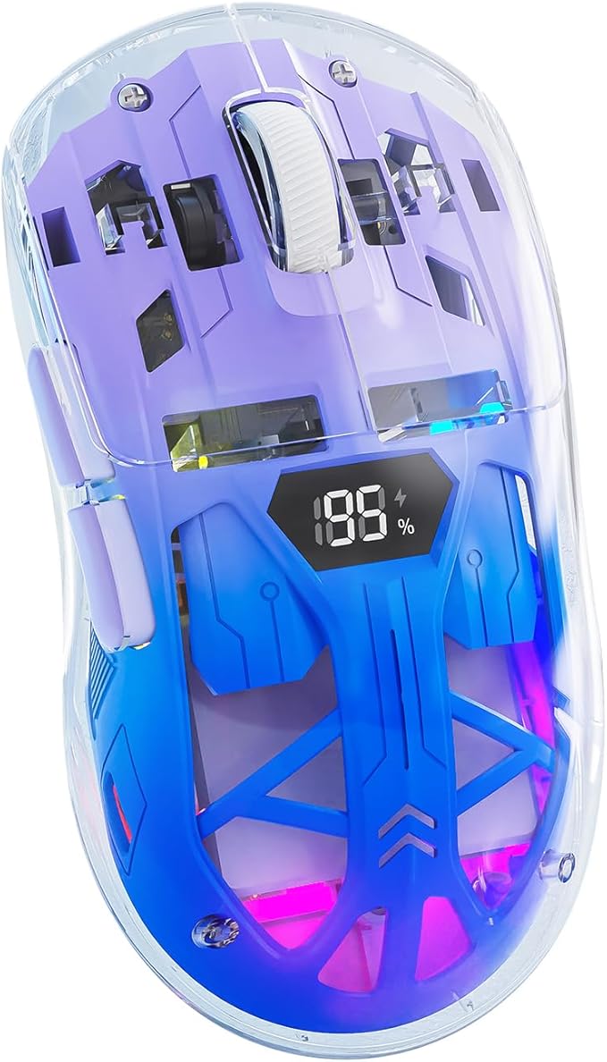 ZIYOU LANG A2 Transparent Wireless Gaming Mouse with Battery Level Display,Bluetooth/2.4G Wireless PC Mice,3D RGB Backlit,5 Million Clicks,PixArt 3212,up to 4000 DPI for Win/MAC,Purple