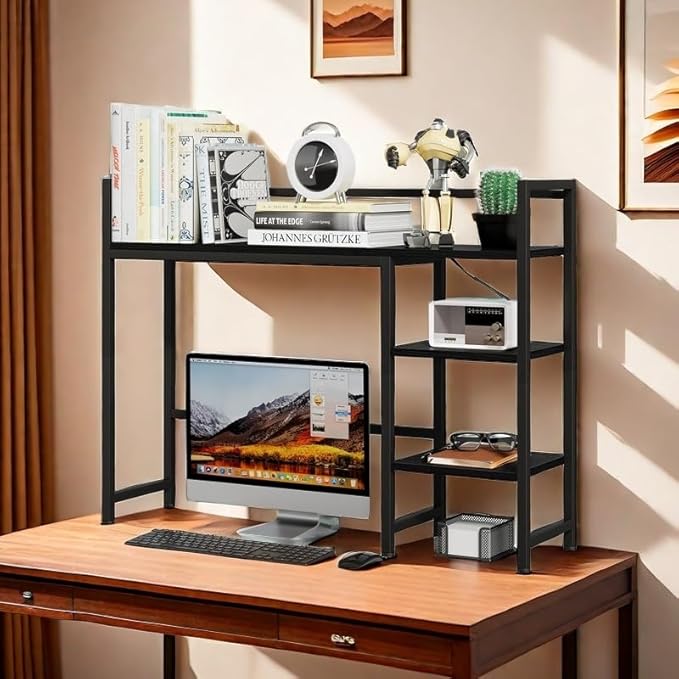 38.6" Book Shelf with 3 Tier Open Shelves Bookshelf and Desk Shelfs to Combined for Computer Desks, Desk Hutch for Top of Desk, Bookcase for Dorm or Office, Adjustable Desktop Shelf, Black