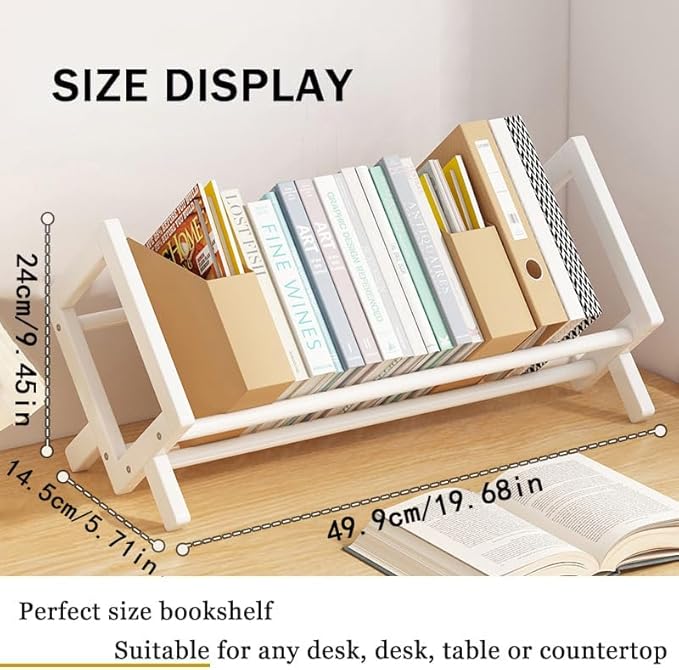 Wood Tilting Bookcase in Living Room/Home/Office, Desktop Book Shelf Organizer Bookshelves Storage Rack for CDs/Magazine/Books Display (White, 19.68"-L)