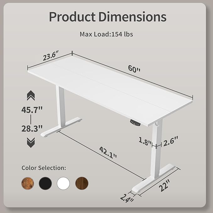 Agilestic Electric Standing Desk, 60 x 24 Inches Height Adjustable Desk, Sit Stand up for Work Office Home, Ergonomic Rising Computer Table with Memory Preset, White