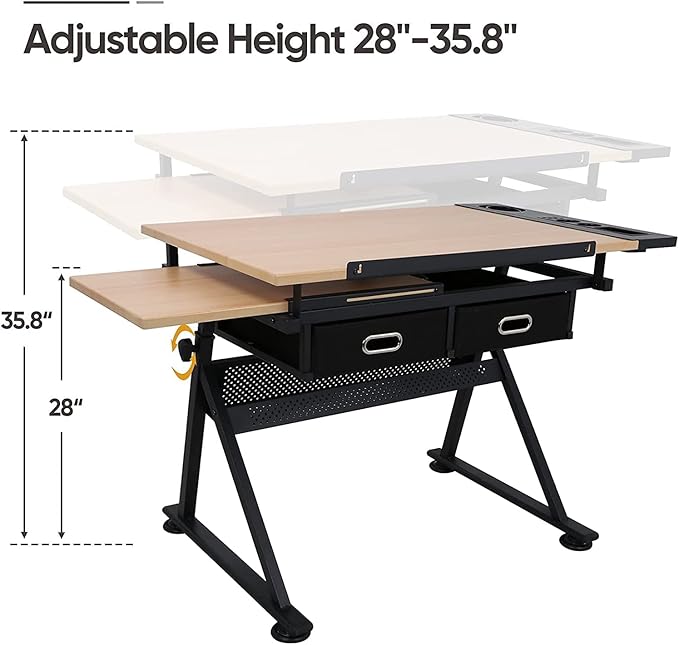 JupiterForce Drafting Table Art Desk with 2 Storage Drawers, Height Adjustable Drawing Table for Painters, Working, Writing, Home Office, Natural