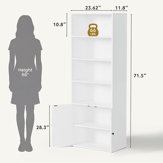 YESHOMY Farmhouse Bookshelf and Bookcase with Doors, Industrial Bookshelves and Bookcases Floor Standing Display 6-Tier Shelf Storage Shelves 71.5 inchs for Home Office, Living Room, White, 2 PCS
