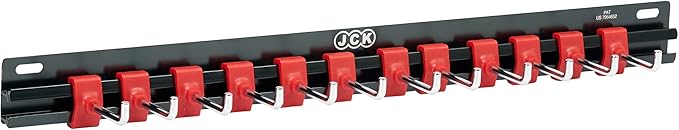 JCK Professional Quality Rack of Wrench Organizer Black Aluminum & Red Plastic Clips molding Integrated with Stainless Steel 304 Hooks Organize Wrenches Secure Clip Toolbox Combination Storage