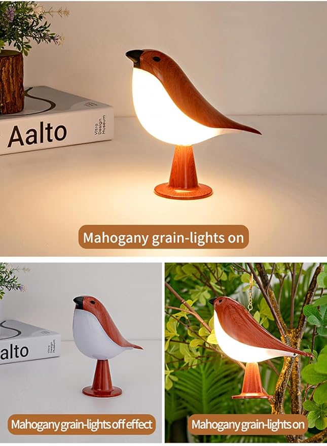 Remote control bird desk lamp in mahogany color, rechargeable small desk lamp with 3 color temperatures, remote control and touch sensor, capable of playing bird calls, built-in battery drive