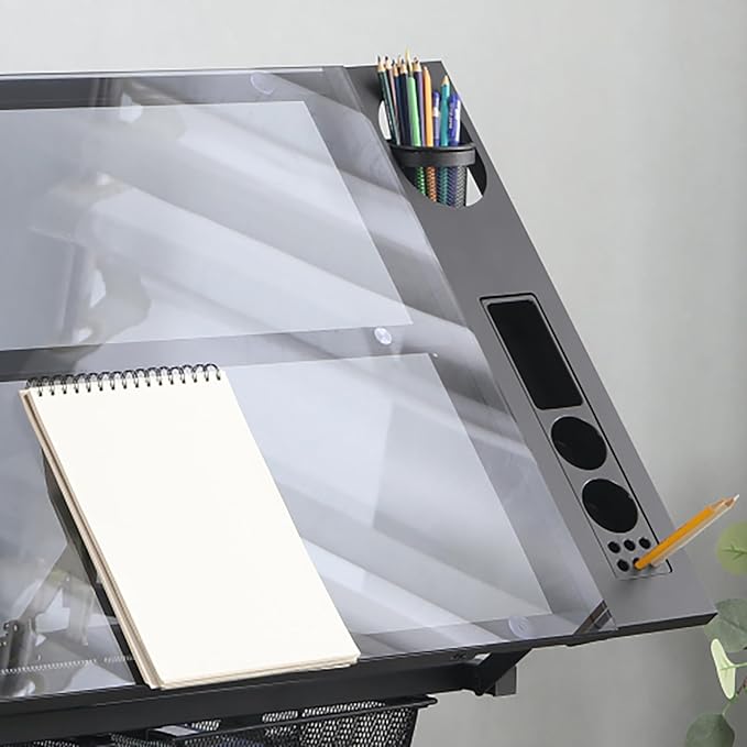 Drafting Desk with Side Shelf 0 to 75° Adjustable Tilting Drawing Desk Tempered Glass Art Table Writing Desk with Chair Stat