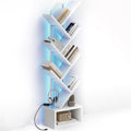 Casaottima Tree Bookshelf with LED Lights, 6-Tier Narrow Bookcase for Small Spaces, Tall Steel & Wood Storage Shelf with Cabinet, Home Decor & Organizer for Living Room/Bedroom/Home Office, White