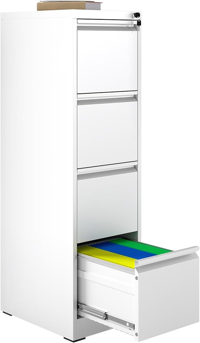 4 Drawer File Cabinet with Lock, Vertical Filing Cabinets for Home Office, Metal Storage Cabinets, Heavy Duty File Cabinet for Letter/Legal/A4/F4 Size Amsseble Required, White