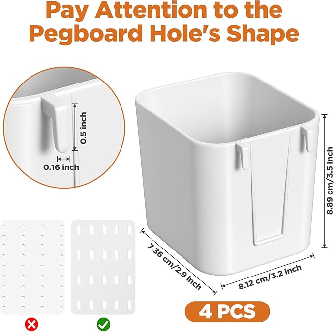 4Pack Pegboard Accessories, Pegboard Cups with Hooks 2.9 x 3.5 x 3.2 Inch Pegboard Bins Accessories Top Storage Containers Peg Board Organizer Cups for Kitchen/Workbench/Garage Wall