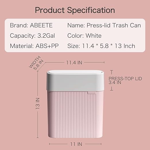 Bathroom Trash Can with Lid, 12L Small Plastic Garbage Can for Kitchen with Press Top Lid, 3.2 Gallon Slim Dog Proof Wastebasket Trash Bin for Office, Bedroom, Living Room, Home Cabinet-Pink