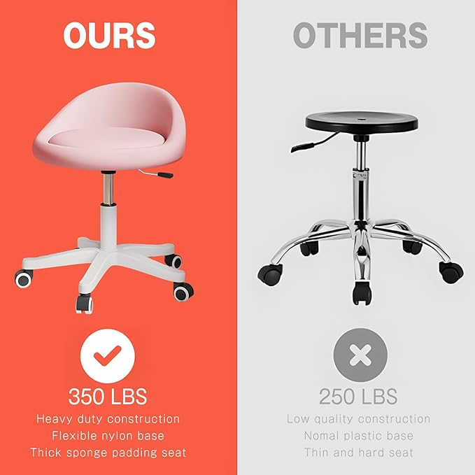 Swivel Rolling Stool with Wheels, Height Adjustable PU Leather Drafting Chair, Round Seat for Salon, Spa, Tattoo, Office, Home Use Pink Set of 1