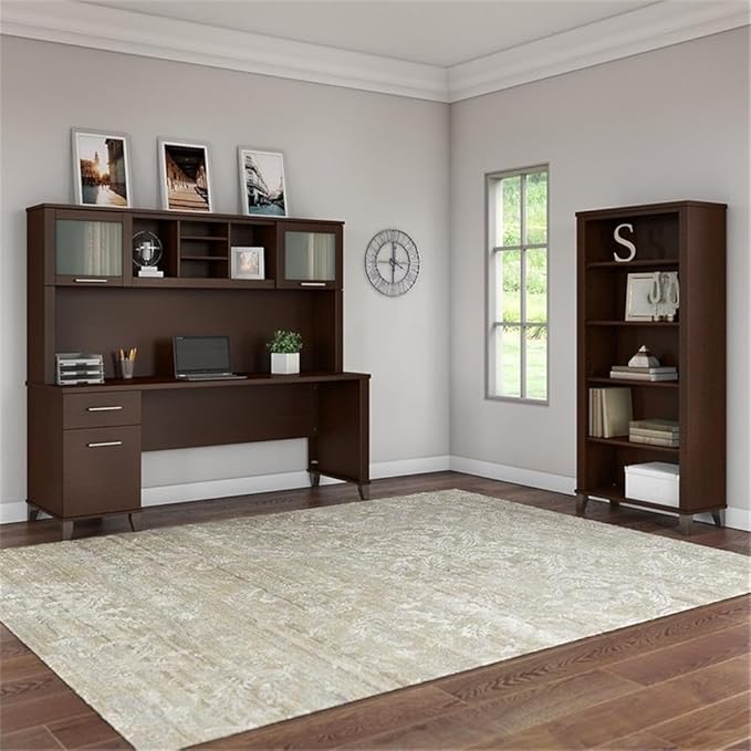 Pemberly Row 72W Office Desk with Hutch and Bookcase, Mocha Cherry Finish, Frosted Glass Doors, Adjustable Shelves, Wire Management, Home Office Furniture Set for Storage and Organization