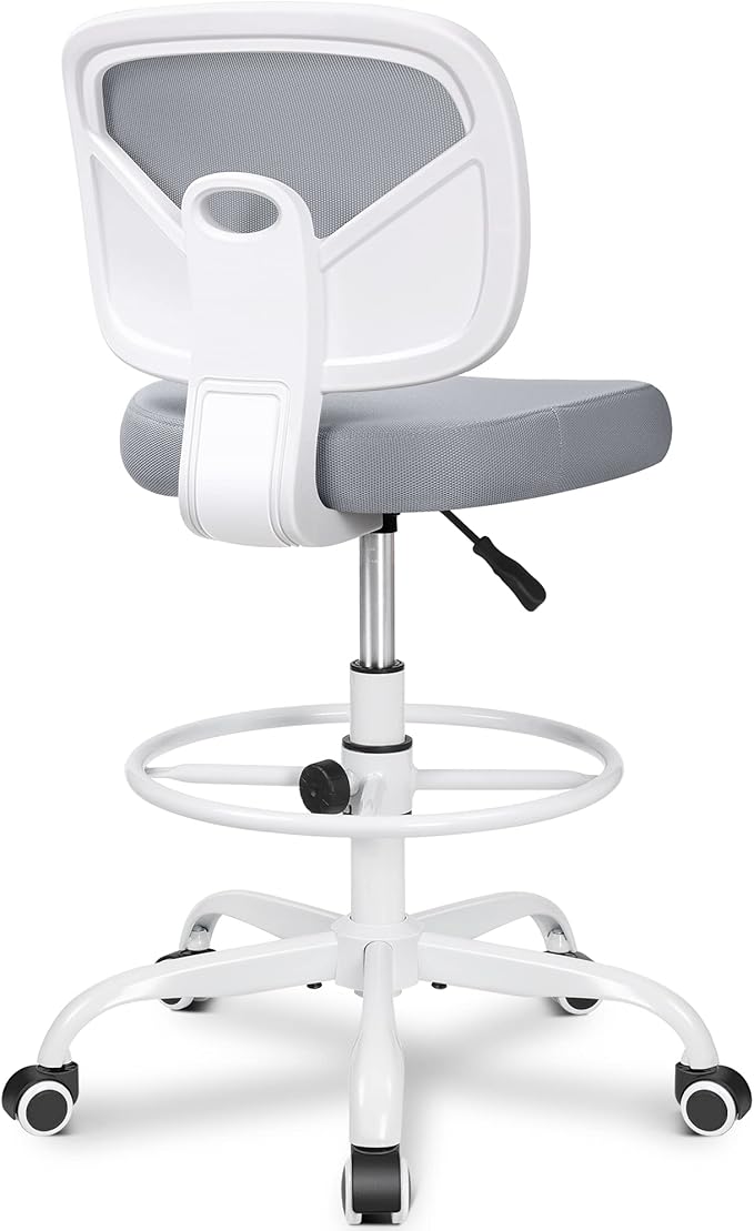 Primy Armless Tall Desk Chair, Adjustable Height and Footring, Mid-Back Ergonomic Standing Desk Chair Mesh Rolling Tall Chair for Art Room, Office or Home (Gray)