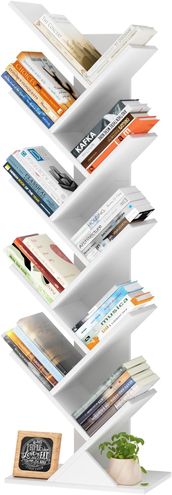 SHEEPAM 10 Tier Tree Book Shelf, Floor Standing Wood Bookshelf for Narrow Space, Storage Organizer Bookshelves for Books/CDs/Magazine, Bookcase with Shelves for Home Office, Living Room - White