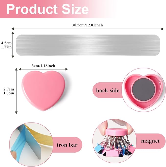 Magnetic Board Strips - 3Pcs Stainless Iron Magnetic Strips with Adhesive Backing & 10 Pink Heart Magnets, Frameless Small Bulletin Board for Wall, DIY Memo Board for Home Kitchen School Office