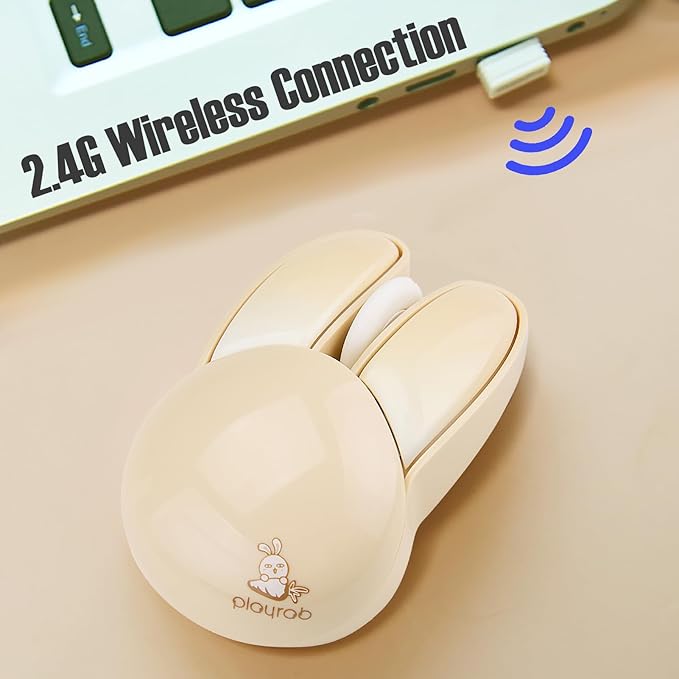 Lomiluskr Cute Bunny Wireless Mouse, Lightweight Soundless Mice, 2.4G Wireless Mice, Candy Colors, Kawaii Rabbit Mouse for Girls and Kids (Beige Bunny)