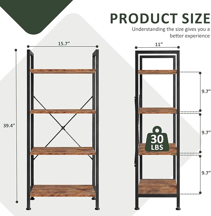 4 Tier Bookshelf, Free Standing Wooden Bookcase with Open Storage Shelves with Metal Frame, Sturdy Shelf Organization Display Rack for Living Room, Bedroom, Home Office, 39.4" Tall, Brown
