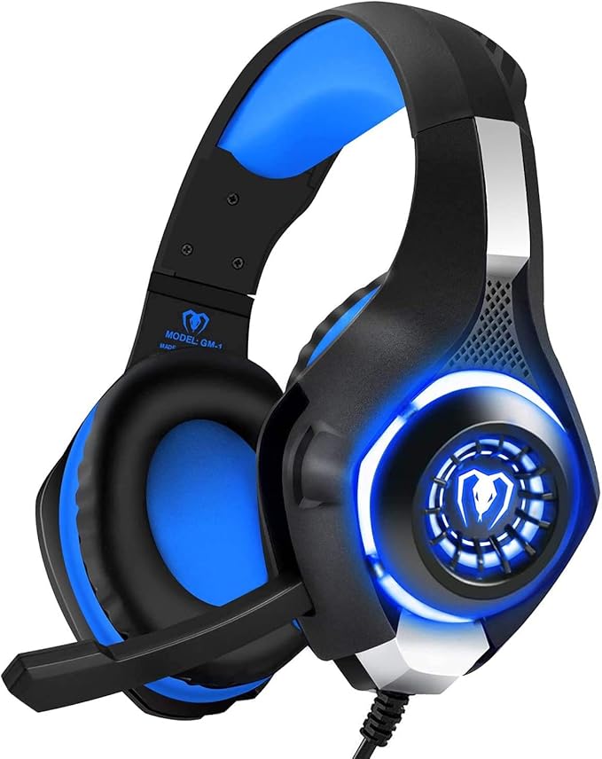 BlueFire Wired Gaming Headset for PS4 PS5 Xbox One PC – Over-Ear Headphones with Surround Sound, Noise Canceling Mic, Soft Memory Foam, LED Light, 3.5mm Jack for Console & Laptop (Blue)