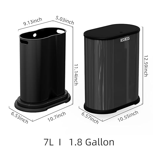 KSSKSS 1.8 Gallons Small Stainless Steel Trash Can with Press Type Lid, Slim Bathroom Garbage Bin, Removable Liner Bucket, Narrow Wastebasket with Pop-Up Lid for Bedroom,Toilet (Titanium Black)