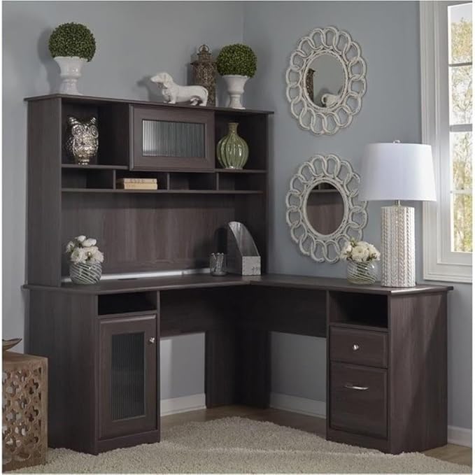 Pemberly Row 60" L-Shaped Wood Desk with Hutch, Heather Gray Finish, Durable Office Desk with Storage Cabinet, Fluted Glass Door, USB Hub, Wire Management, Home Office Workspace