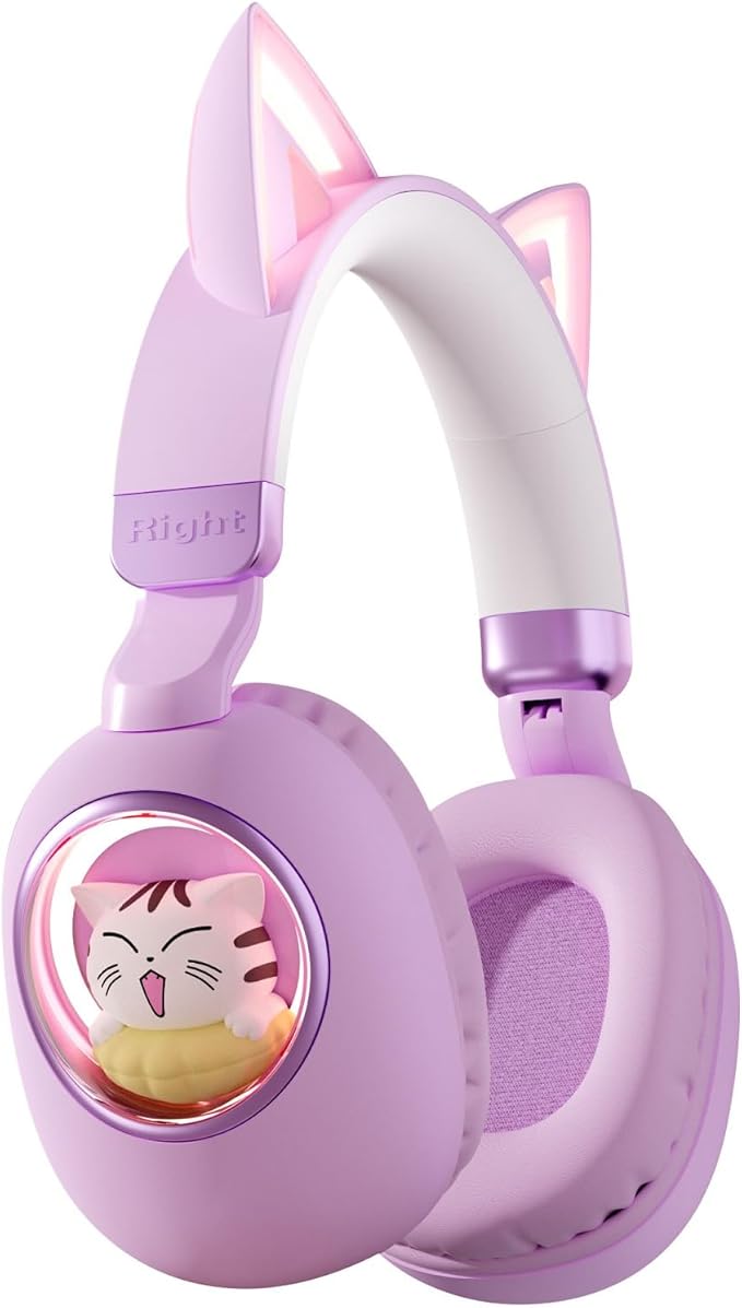 Xmenha Cat Ear Headphones for Kids, Cute Children Girl Wireless Bluetooth Headphones for School, Purple Kindergarten Light up Kawaii Kitty Noise Cancelling Headphones for Kids Teens Child Airplane