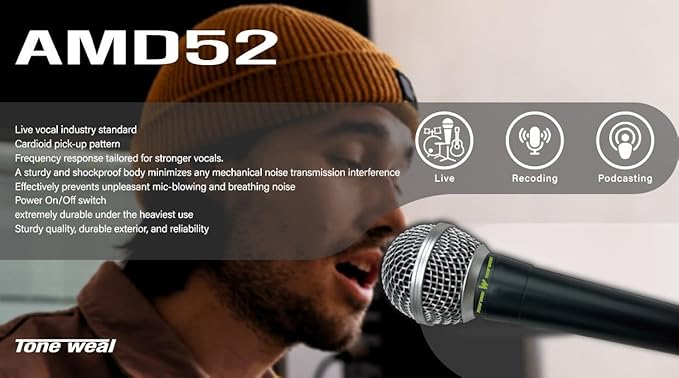 Tone ｗeal AMD52 Professional Dynamic Cardioid Microphone for Live Vocals & Recording – Durable Metal Body, Low Plosive & Breath Noise