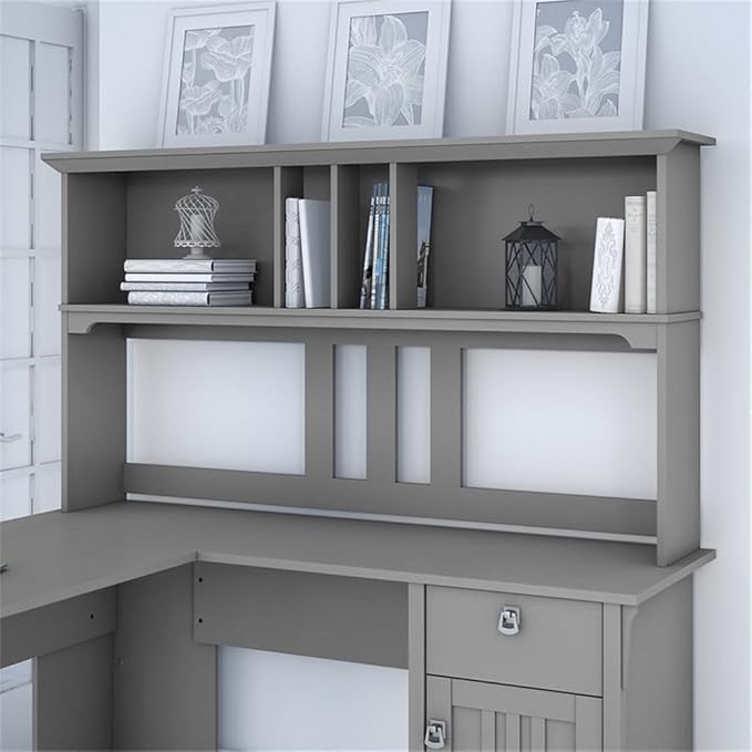 Pemberly Row Modern 60W Hutch for L Shaped Desk, Cape Cod Gray Finish, Open Cubby Storage, Mission Style Decorative Wood Accents, Office Workspace Books Decorations Display Organizer