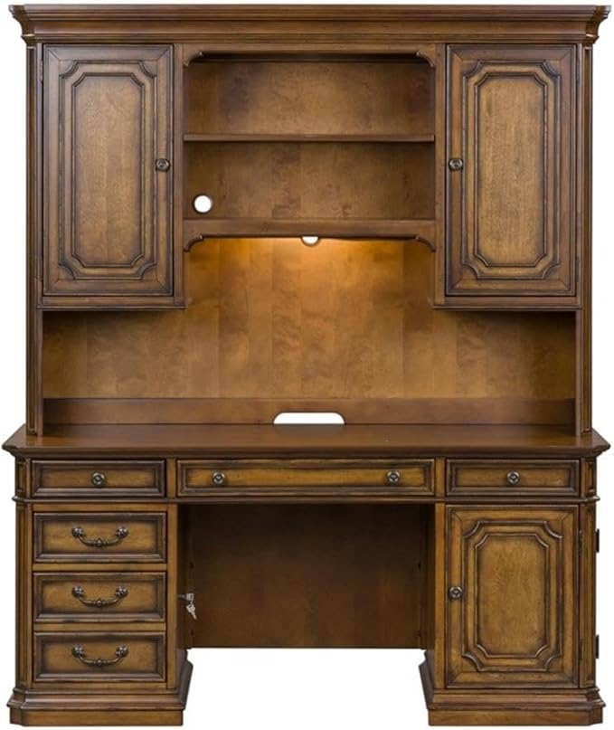 Pemberly Row Jr Executive Office Set, Medium Brown Finish, Antique Toffee Poplar & Birch Veneers, 5-Piece, Includes Desk, Credenza, Hutch, Adjustable Shelves, Touch LED Lighting, Wire Management