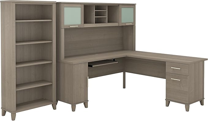 Bush Home Somerset 72W L Shaped Desk with Hutch and 5 Shelf Bookcase in Platinum Gray