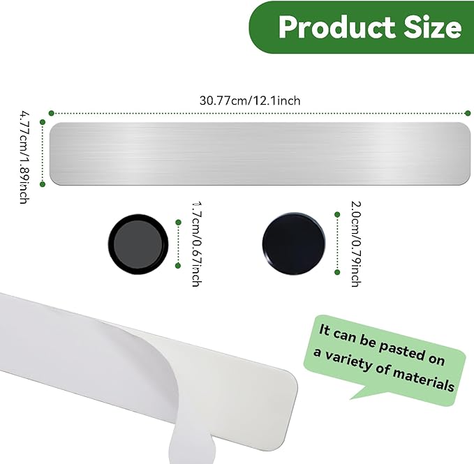 ZDZBLX Magnetic Board 2Pcs Set, Frameless Stainless Steel Magnetic Strips with Adhesive Backing - Memo Bulletin Board Bar for Refrigerator, Office, School, Kitchen, Home Use, Includes 10 Black Magnets