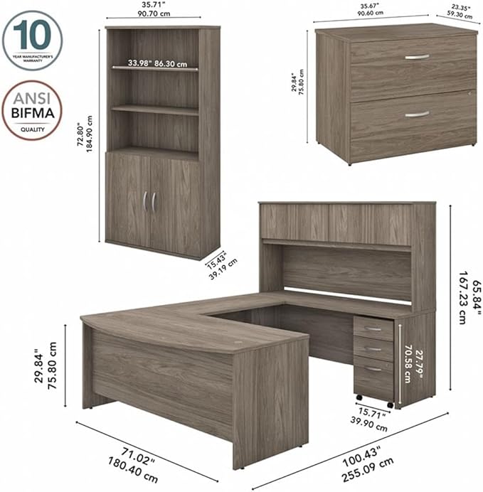 Bush Business Furniture Studio C 72W x 36D U Shaped Desk with Hutch, Bookcase and File Cabinets in Modern Hickory