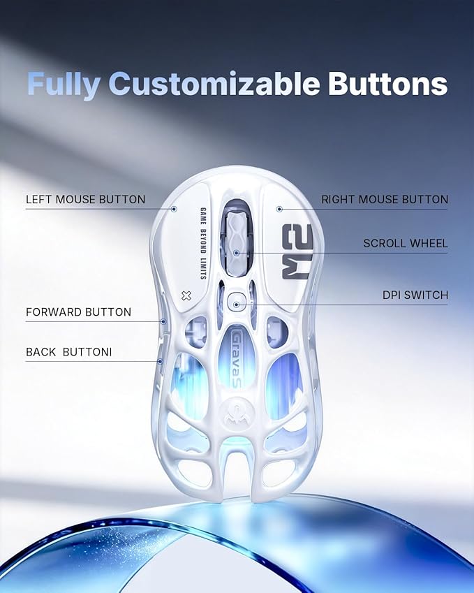 GravaStar Mercury M2 Wireless Gaming Mouse with 26,000 DPI, PAW3395DM Sensor -79g Lightweight Hollowed-Out Design -5 Programmable Buttons -5 Dynamic Lightsync RGB (White)