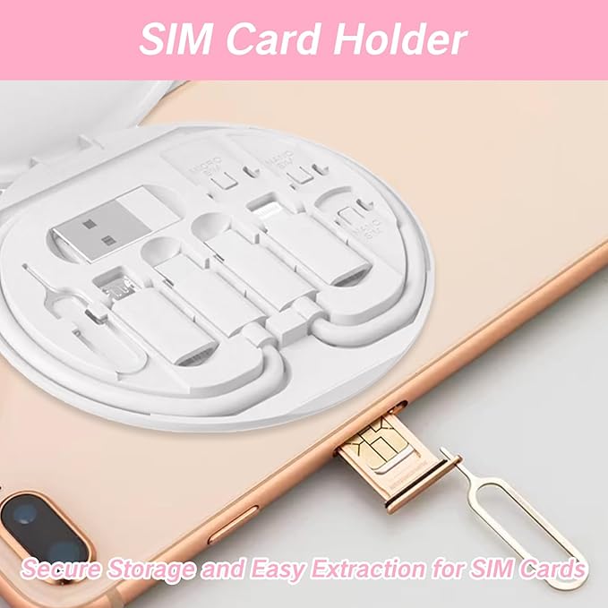 9 in 1 Cable Case USB Adapter Cable Conversion Storage Box USB Type C to Micro USB/Lightning/USB A Cable Data Transfer Tool Contains Sim Card Slot Tray Eject Pin Use as Phone Holder (White)