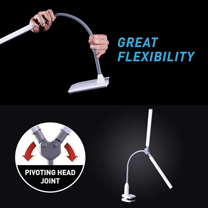 DuoPro Clamp LED Lamp - 6,000K Daylight, 2,100 Lux at 12", 4 Brightness Levels, Anti-Glare Shades, Adjustable Arm, Slim Design, Perfect for Sewing, Reading, Crafts, Beauty Treatments - Grey/White