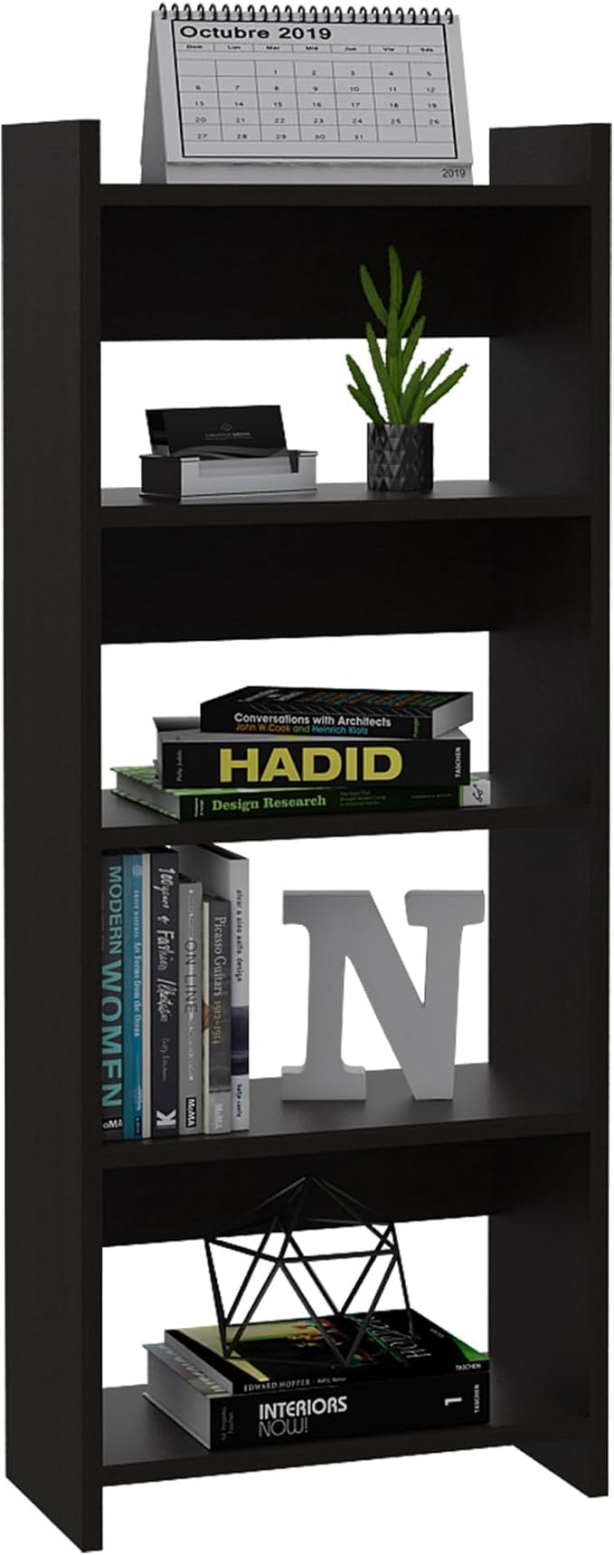 Penau Home Office Set with Single Drawer, Keyboard Tray, Black Bookcase with 5 Shelves, Modern Compact Design