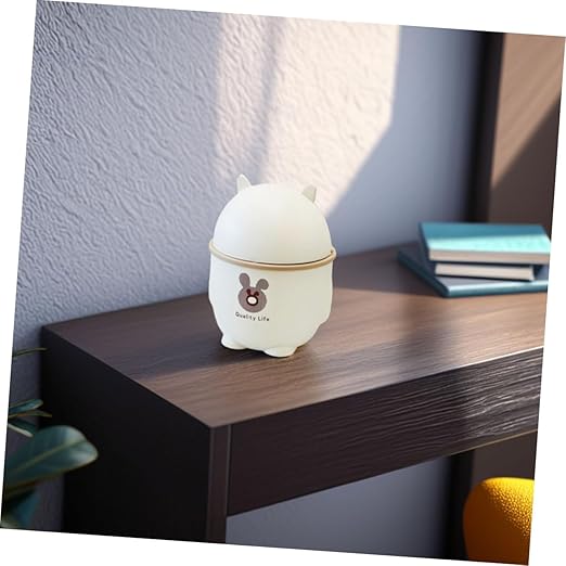 Uonlytech Cute Mini Desktop Trash Can with Lid Slim Plastic Waste Bin for Office Kitchen and Bathroom Cartoon Design White Color 5L Capacity