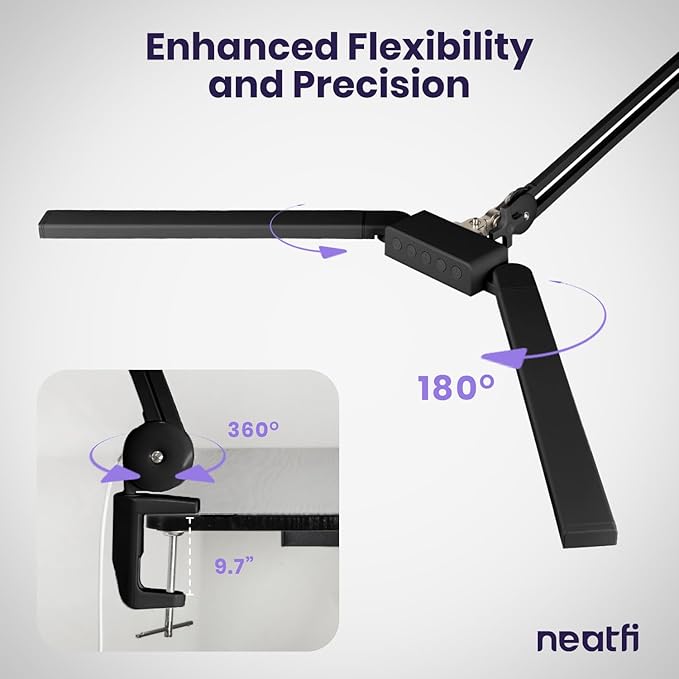 Neatfi LED Desk Lamp | 3,000 Lumens | Dimmable 30W Desk Light | 360 SMD LEDs | CRI 95 | Adjustable Color Temperature | Task Lamp for Home, Office, or Workbench (Black, 41-Inch, CCT with Clamp)