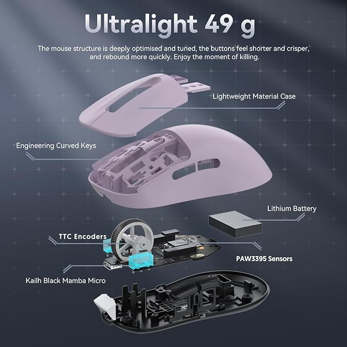 MAMBASNAKE Attack Shark X3 Wireless Gaming Mouse, 49g Ultralight, PixArt PAW3395 26000 DPI, Bluetooth/2.4Ghz /Wired Tri-Mode, 200Hrs Rechargeable Battery, Kailh GM8.0 Switch for PC/MAC/Win - Purple