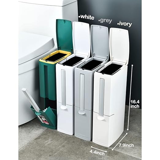 Slim Bathroom Trash Cans with Lid 4.4 Inches Wide/0.7 Gallon(3 Liters), Small Narrow Lidded Bathroom Trash Can with Toilet Brush for RV Camper, Tiny Garbage Can RV Accessories for Inside(Grey)