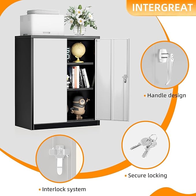 SUNCROWN Metal Storage Cabinets, 36”Locking Cabinet with Doors and Adjustable Shelves, Steel Utility Tool Garage Cabinets for Home, Office, Kitchen,Warehouse （Grey & Black）